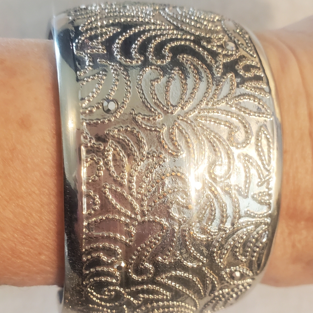 Chico's Wide Silver-Tone Floral Etched Cuff Bracelet